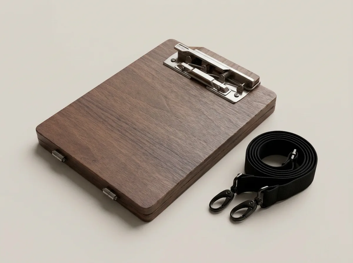 PleinWing Fold — folded walnut easel with shoulder strap