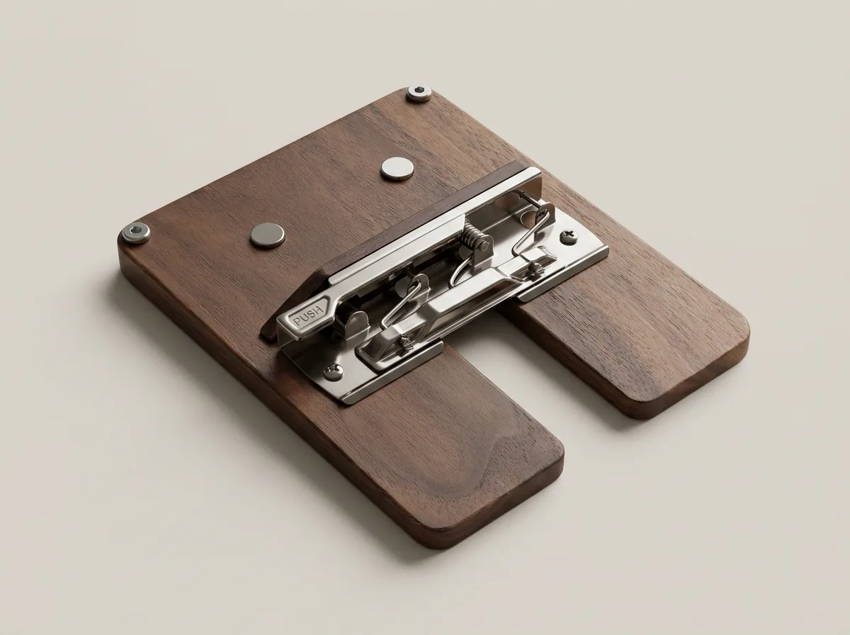 PleinWing Mini — compact walnut easel with steel clip