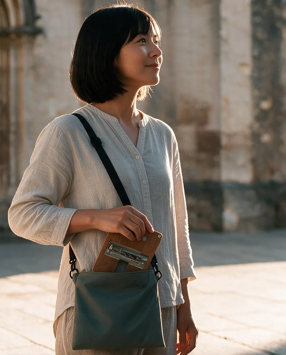 A PleinWing Mini clipped to a shoulder bag on a sunlit piazza