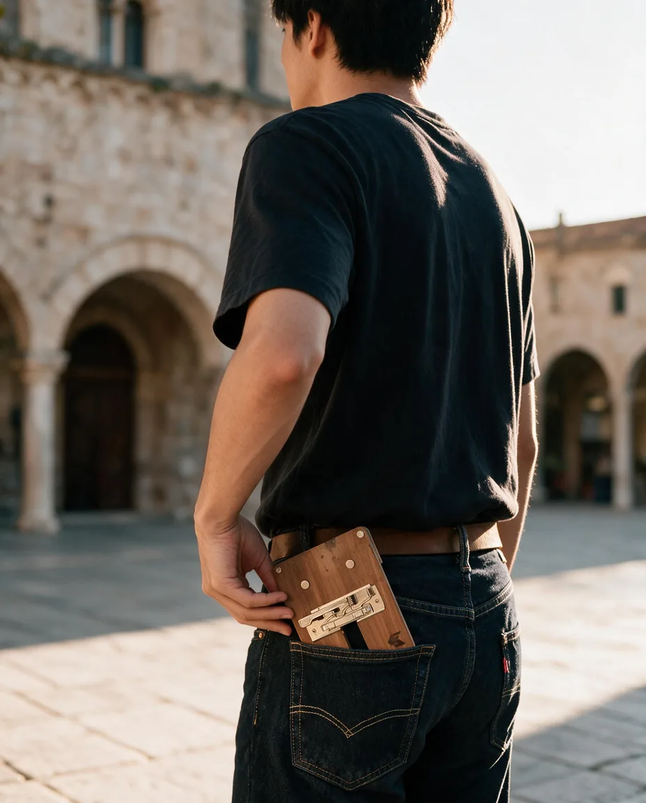 A PleinWing Mini tucked into a back jeans pocket, ready to pull out